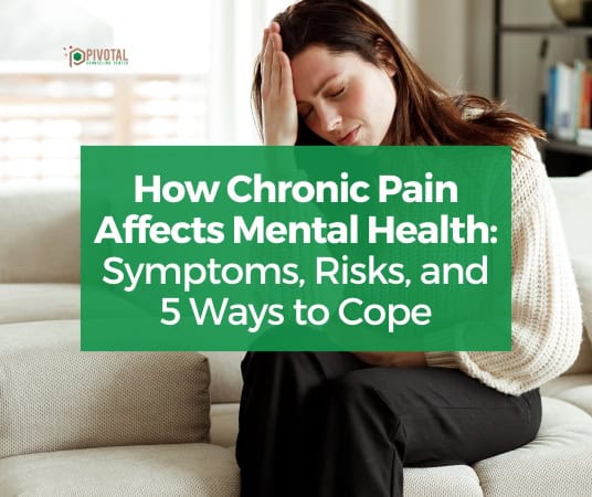 White text on a partially transparent green rectangle that reads "How Chronic Pain Affects Mental Health Symptoms, Risks, and 5 Ways to Cope" over a stock photo of a white woman sitting on a couch holding her head to her forehead like she's in pain.