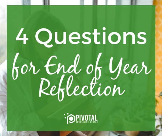 Graphic that reads "4 Questions for End of Year Reflection" on a green square over a picture of a woman writing in a journal.