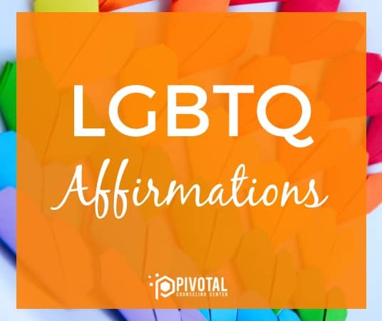 photo of rainbow oragami hearts under and orange block with white text that reads LGBTQ Affirmations
